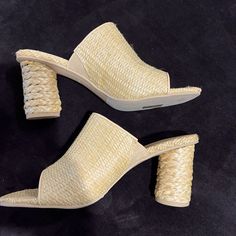 Super Cute Natural Raffia Heels. Funky, Round 3.5 Inch Heel Wrapped In Woven Raffia. Very Comfortable Slide, Great For That Vacation Getaway And Spring Is Around The Corner! New, Never Worn. Trendy Straw Heels For Vacation, Elegant Natural Heels For Vacation, Chic Straw Open Toe Heels, Spring Straw Block Heel Shoes, Chic Natural Heels For Vacation, Chic Natural Color Heels For Vacation, Summer Beige Heels With Wrapped Heel, Woven Block Heel Shoes For Spring, Spring Woven Heels With Round Toe