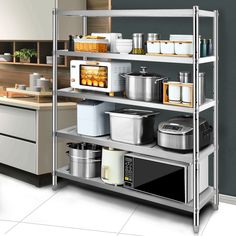 a kitchen with stainless steel shelving and appliances