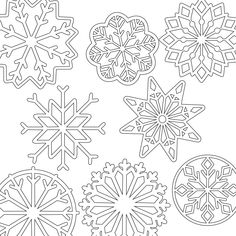 four snowflakes are shown in black and white, one is drawn with markers