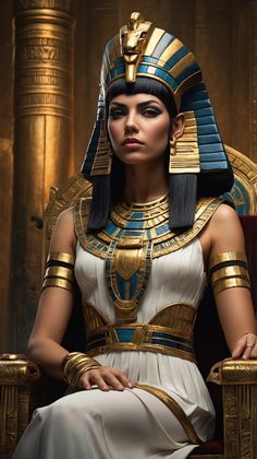 an egyptian woman sitting in a chair with her hands on her hips and wearing gold jewelry