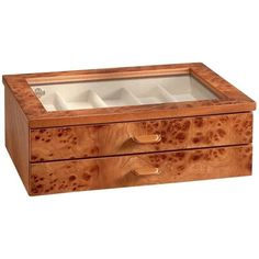 a wooden box with two drawers on the bottom and one drawer open to show compartments