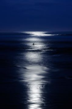 the full moon shines brightly in the dark blue sky over the ocean as it reflects on the surface of the water