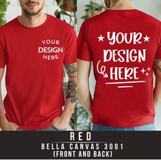 two men wearing red t - shirts with your design here on them