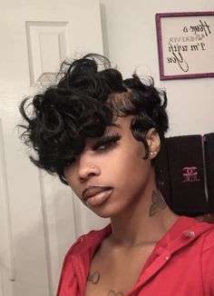 Half Head Shaved Hairstyles, Burgundy Short Hair Black Women, Pixie Mullet Black Women, Mushroom Pixie Cut Black Women, Mushroom Pixie Cut, Red Finger Waves, Female Mullet Short, Short Curly Hair Aesthetic, Colored Pixie Cut