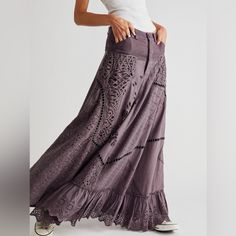 Brand New Without Tags. Size 0. Purple, Appears Slightly More Grey In Person. So Statement-Making And Timeless, This Maxi Skirt Adds The Perfect Touch Of Texture To Any Look. Fit: Mid-Rise, Billowy A-Line Silhouette Features: Mixed Print Paneling, Open-Knit Features, Zip Fly And Button Closure, Scalloped Hemline Why We <3 It: Multidimensional With Endless Ways To Wear, This Skirt Can Effortlessly Be Dressed Up Or Down From Season To Season. Machine Wash Cold 100% Cotton Fall Maxi Skirt, Long Hippie Skirts, Festival Maxi Skirt, Maxi Skirt Fall, Lace Maxi Skirt, Fall Maxi, Maxi Lace Skirt, Earthy Outfits, Free People Skirt