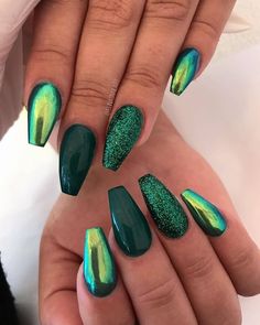 Spring Nails 2024 Coffin Creek Kiley Merlina St Patrick Day Nails Acrylic, Green Acrylic Nails, St Patricks Day Nails, Green Nail Designs, Gold Nail, Acrylic Coffin, Pedicures, Fabulous Nails