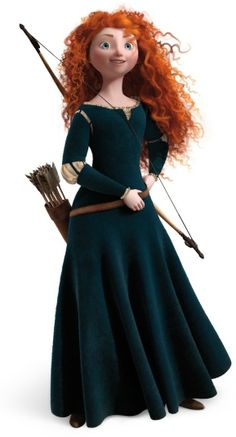 a red haired woman in a blue dress holding a bow and arrow