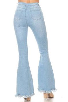 HIGH WAIST BELL BOTTOM DENIM WITH RIPPED AND FRAY HEM Brand: JC & JQ Style: GP3321 Fabric: 66% cotton, 30% polyester, 2% rayon, 2% spandex Color: Light wash VERY STRETCHY Show Must Go On, Jeans Models, Frayed Hem Jeans, Zipper Jeans, Perfect Pant, Bottom Jeans, Party Look, Bell Bottom, Party Looks