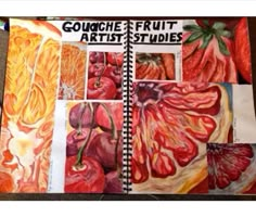 a book with pictures of fruits and vegetables on it's cover, which includes the words gouache frut artist studies