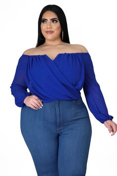 Stretch top Off-shoulder Long sheer sleeves Wired V-neck 100% polyester Hand wash cold Royal Blue Top With Jeans Outfit, Draping Top, Plus Size Off The Shoulder, Royal Blue Top, Chic And Curvy, Denim Ideas, Stretch Top, Plus Size Top, Sheer Sleeves