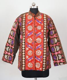 Welcome To Our Shop Product: One-Of-A-kind Handmade 100% Cotton Vintage Kantha Jacket. Color: Multi-color as Shown in Image. Fabric: 100% cotton ( Handmade In India ) The design of the jacket is very unique and very rare. Indian culture and associated with grace and beauty. Old hand made raali more then 1970s old pieces collected From villages Of Thar Desert converted into the vintage jacket and backside beautiful embroidery elephant work, This Raali belongs to higher caste people they give this Hippie Coats & Jackets, Indian Quilted Jacket, Multicolor Cotton Folk Outerwear, Embroidery Elephant, Traditional Multicolor Block Print Outerwear, Red Embroidered Folk Outerwear, Thar Desert, Kantha Jacket, Bohemian Handmade