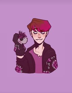 a drawing of a person with red hair holding a stuffed animal in one hand and wearing gloves on the other