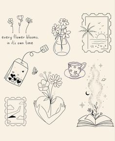 some flowers and pictures on a white background with the words every flower blooms in it's own time