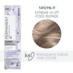 ion Color Brilliance Permanent Creme Hair Color utilizes pure ionic micro pigments for deeper, more intense color. Ion 14V Extreme High Lift Cool Blonde Permanent Creme Hair Color | Blonde | 2.05 oz. | Sally Beauty Sallys Beauty Hair Color, Ion Bright White Toner, Creamy Vanilla Blonde Hair, Ion Hair Colors, Beige Hair Color, Dark Brown Hair With Blonde Highlights, Beige Blonde Hair Color, Toner For Blonde Hair, Dark Hair Dye