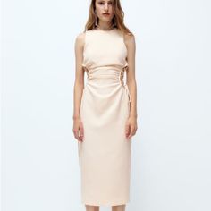 - Zara Cut Out Dress - Size: S - Brand New With Tags Beige Sleeveless Dress For Spring Cocktail, Beige Sleeveless Dress For Cocktail In Spring, Beige Sleeveless Dress For Spring Date Night, Chic Ruched Sheath Sleeveless Dress, Beige Sleeveless Evening Dress For Spring, Chic Beige Sleeveless Cocktail Dress, Sleeveless Sheath Dress For Spring Evening, Elegant Ruched Sleeveless Dress For Spring, Sheath Sleeveless Dress For Spring Evening