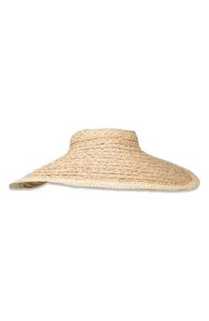 A packable design adds to the vacay-worthy appeal of this wide-brim visor crafted using a unique technique of crocheting straw and grosgrain ribbon. Ribbon ties ensure the visor stays put on breezy days. Adjustable tie closure Straw/cotton Made in the USA Brimmed Beach Visor, Natural Color Straw Visor Hat With Upf 50+, Beige Straw Hat Visor, Beige Woven Visor Hat, Natural Color Visor Sun Hat, One Size, Women's Headwear, Ribbon Tie, Wide Brimmed, Grosgrain Ribbon