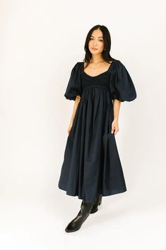 adrienne midi dress – shop zoco Blue Puff Sleeve Dress, Dress For Formal, Midi Dress Navy, Puff Sleeve Midi Dress, Puff Sleeve Dress, Idul Fitri, Empire Waist Dress, Navy Midi Dress, Puffed Sleeves Dress