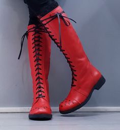 Alternative Leather Boots For Cosplay, Red Punk Platform Boots With Round Toe, Leather Boots With Rivets For Cosplay, Edgy Red Platform Boots With Round Toe, Red Lace-up Leather Moto Boots, Red Leather Lace-up Moto Boots, Red High-top Leather Platform Boots, Red Leather High-top Platform Boots, Edgy Red Leather Boots