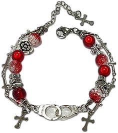 Red Nickel-free Metal Bracelet, Red Metal Beaded Bracelet With Round Beads, Nickel-free Red Metal Bracelet, Red Nickel-free Metal Bracelets, Nickel-free Red Metal Bracelets, Handmade Red Metal Charm Bracelet, Adjustable Red Metal Charm Bracelet, Adjustable Nickel-free Red Charm Bracelet, Red Stainless Steel Bracelet For Gift