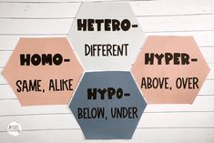 three hexagons with different types of words on them