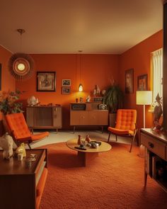 an orange living room with two chairs and a coffee table in the middle, on top of carpeted flooring