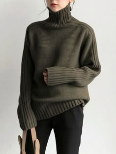 Simple Turtleneck Sweater WHITE-FREE SIZE Loose Turtleneck, Coffee Sweater, Pullover Mode, Turtleneck Pullover, Stripe Outfits, Solid Sweaters, Estilo Chic, Warm Sweaters, 가을 패션