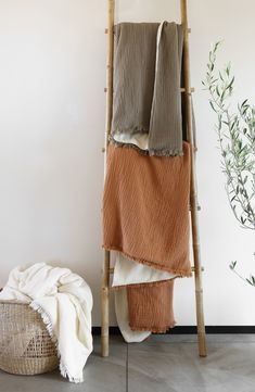 a towel rack with towels hanging on it next to a basket and potted plant