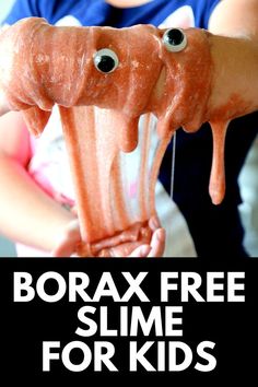 a person holding two hot dogs with googly eyes on them and text that reads borax - free halloween slime