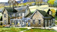 this is an artist's rendering of a house in the country side with mountains behind it