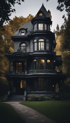 a large black house with lots of windows and lights on it's front porch