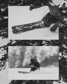 two pictures of a person on skis going down a hill with trees in the background