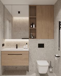 a bathroom with a toilet, sink and mirror