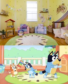 cartoon characters are playing with toys in the bedroom and on the living room floor, there is also a child's playroom