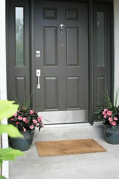 two planters with pink flowers sit in front of a black door and welcome mat