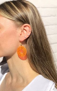 This item is unique, hand-painted by me with special jewelry water-resistant paints. I like retro style. The design of these earrings is inspired by the retro style of the 50s, 60s, and 70s when was so popular clothing and jewelry with dots. Having chosen these earrings, you will not find the same jewelry on anyone else. The other retro style earrings you can find in the section "Hand painted Earrings". MORE DETAILS * Materials used: hand-painted plastic details, Czech matte glass beads, stainless steel * Earrings length: ~ 5.5 cm | ~  2.2 inches * Drop length: ~ 4.5 cm | ~ 1.8 inches * Earrings width: ~ 3.5 cm | ~ 1.4 inches * Earrings weight (both): ~ 5 grams, very lightweight The earrings from the photo "example size" you can find here: https://www.etsy.com/listing/1665884687 Note: Plea Handmade Retro Orange Earrings, Retro Handmade Orange Earrings, Hand Painted Yellow Earrings For Summer, Fun Yellow Hand Painted Earrings, Fun Hand Painted Yellow Earrings, Retro Multicolor Hand Painted Earrings, Retro Hand Painted Multicolor Earrings, Handmade Retro Resin Jewelry, Unique Orange Earrings For Summer