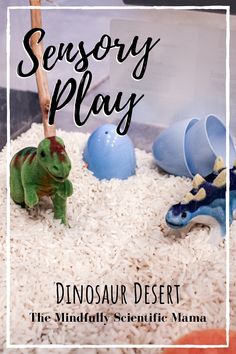 there is a small toy dinosaur on top of some white rice with the words sensory play