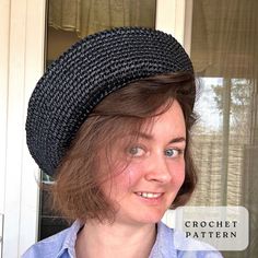 a close up of a person wearing a hat near a window with the words crochet pattern on it