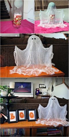 three pictures of halloween decorations on a table