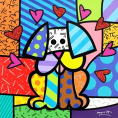 a painting of a dog with hearts on it's head sitting in front of a colorful background