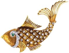 18 Karat Yellow Gold Estate Fish Pin Consisting Of Approximately 2.00 Carats Total Weight Of Full Cut Diamond Accents. Shreve Crump and Low. Ocean Theme Jewelry, Sea Maiden, Fish Theme, Shells And Sand, Jewel Of The Seas, Fish Tales, Jewelry Illustration