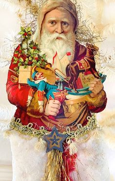 a christmas card with an image of santa claus holding a bag of gifts in his hands