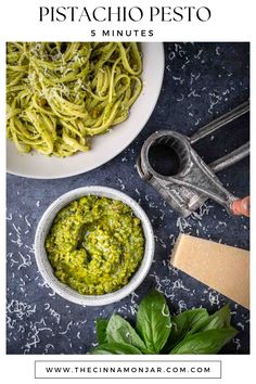 A bowl of pistachio peso surrounded by a bowl of pasta, a parmesan grater and parmesan cheese. Pistachio Pesto Recipe, Quick Pasta Dishes, Pistachio Pesto, Chicken Gnocchi, Easy Pasta Dinner, Quick Pasta, Easy Pasta Dishes, Pasta Pizza