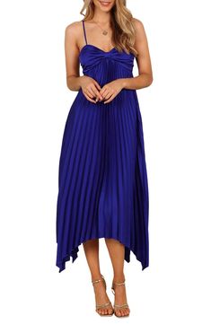 Allover pleats lend graceful movement to this rich satin maxi designed with slender adjustable straps and a drapey asymmetric hem. Slips on over head Sweetheart neck Adjustable straps Partially lined 100% polyester Hand wash, dry flat Imported Summer Gala Dresses With Folds, Evening Satin Maxi Dress With Folds, Satin Pleated Dress For Evening, Blue Summer Dresses With Folds, Blue Summer Dress With Folds, Pleated Draped Evening Maxi Dress, Pleated Draped Maxi Dress For Evening, Pleated Satin Maxi Dress For Evening, Fitted Satin Maxi Dress With Folds