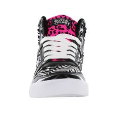 The best hot pink hip hop sneakers target the young population of hip hop dancers. Whether you're relaxing on the dance floor or hanging out, these zebra print girl's fashion sneakers from Gottflurt are a hit, combining high fashion with streetwear. This sleek girls high top fashion sneaker is glittery and glamorous with shimmery colors, canvas upper, padded tongue, and lace-up fastening. The footbed of these hip-hop dance shoes is cushioned for shock absorption and comfort and has a rubber outsole that promotes traction during hip-hop dance. Features Pat Pu and Canvas upper Padded tongue and collar Cushioned insole Rubber outsole Sneakers Target, Dance Shoes Hip Hop, Emo Shoes, Scene Shoes, 2000s Shoes, Hip Hop Sneakers, Girls Combat Boots, Hot Pink Fashion, Dance Sneakers