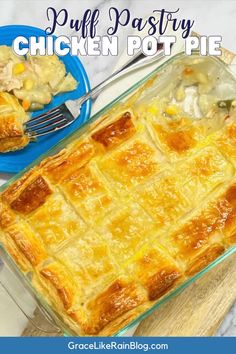 a casserole dish with chicken pot pie in it and a fork next to it