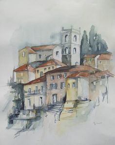 a painting of some buildings with trees in the back ground and watercolor on paper