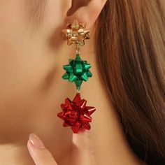 Material: These Earrings Are Made With Hypoallergenic Alloy Polished, Design With Three Different Color Bows, A Great Christmas Jewelry Wear At Night Before Christmas Match With Ugly Sweater. Fit: Great Holiday Gift Choice For Female, Daughter, Mother, Sisters, Bff Friends, Wife, Family Members. Resin Ideas, Earring Box, Holiday Earring, Long Dangle Earrings, Bow Earrings, Bow Design, Christmas Earrings, Christmas Jewelry, Gold Earrings Dangle