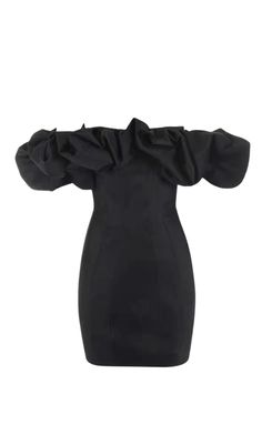 Introducing the Black Satin Ruffle Strapless Dress Get ready to turn heads in this stunning strapless dress. Made from a lustrous heavyweight duchess satin, this dress is designed to create the perfect hourglass shape. The clever paneling and oversized ruffles on the shoulders add a touch of drama, while the off-shoulder cut exudes sexiness. Whether you're attending a cocktail party or a special event, this dress is sure to make a statement. Key Features: Made from double duchess satin for a lux Strapless Ruched Satin Evening Dress, Evening Strapless Ruched Satin Dress, Ruched Satin Strapless Dress For Evening, Elegant Satin Strapless Dress With Ruffles, Elegant Strapless Satin Dress For Evening, Fitted Taffeta Mini Dress For Formal Occasions, Elegant Ruffled Corset Dress For Cocktails, Off-shoulder Satin Finish Cocktail Dress, Elegant Voluminous Evening Dress For Party