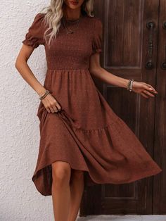 SHEIN VCAY Women's Short Puff Sleeves Round Neck A-Line Dress | SHEIN USA Casual Puff Sleeve Midi Dress For Fall, Fall Midi Dress With Smocked Bodice And Short Sleeves, Brown Puff Sleeve Summer Dress, Brown Short Sleeve Dress With Smocked Bodice, Brown Dress With Smocked Bodice And Short Sleeves, Brown Puff Sleeve Dress With Smocked Bodice, Fall Brown Midi Dress With Puff Sleeves, Rust Color Dress, Fall Family Photo Outfits