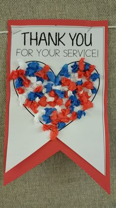 a thank you card with red, white and blue confetti in the shape of a heart